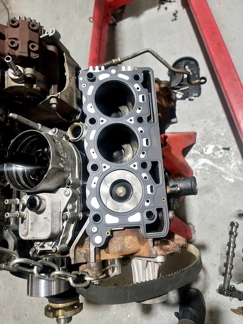 Close-up of a cylinder head gasket during an engine rebuild